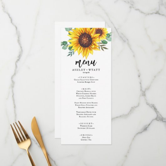 Menu Mariage Tournesol Jaune Moderne (Devant/Arrière en situation)
