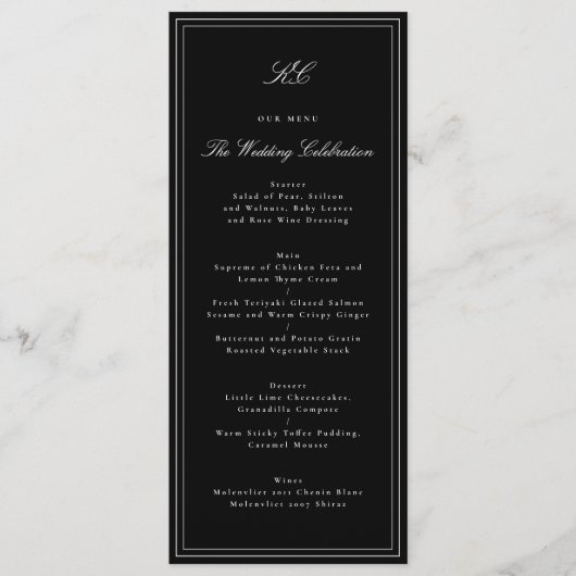 Menu Mariage traditionnel avec monogramme noir et blanc (Devant)