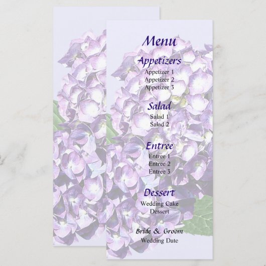 Menu Mariage Trois Clusters d'Hydrangée Violet (Devant / Derrière)