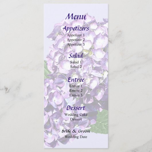 Menu Mariage Trois Clusters d'Hydrangée Violet (Devant)