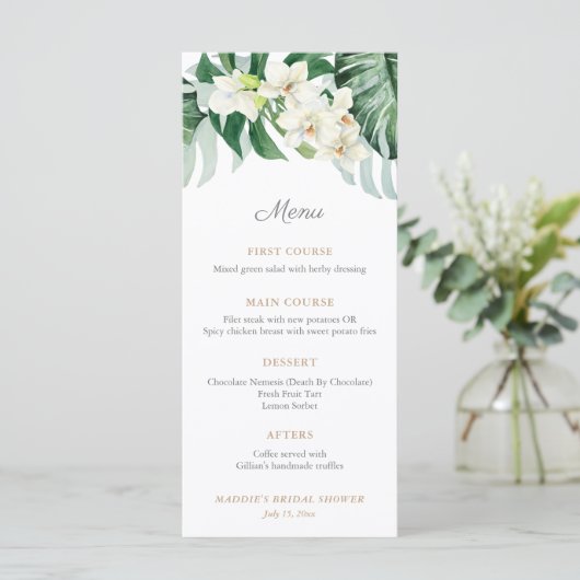 Menu Mariage Tropical avec Feuillage Vert et Bronze (Debout devant)