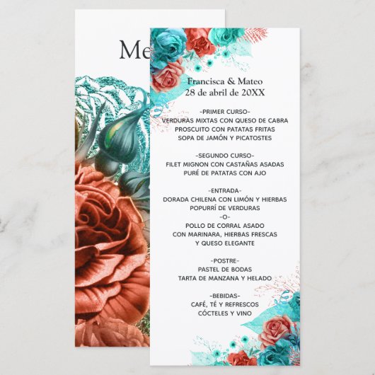 Menu Mariage tropical floral turquoise et corail (Devant / Derrière)