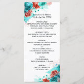 Menu Mariage tropical floral turquoise et corail (Devant)
