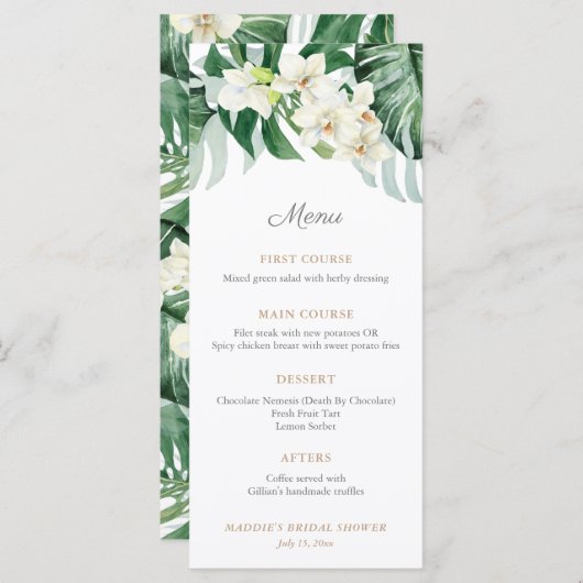 Menu Mariage Tropical Foliage Vert et Bronze (Devant / Derrière)