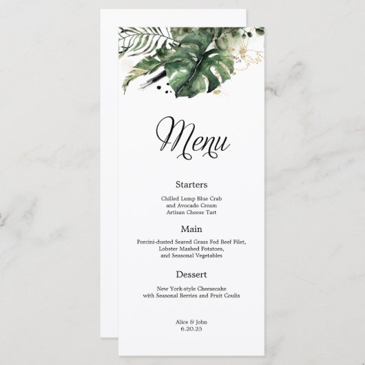Menu Mariage Tropical Gold and Greenery (Devant / Derrière)