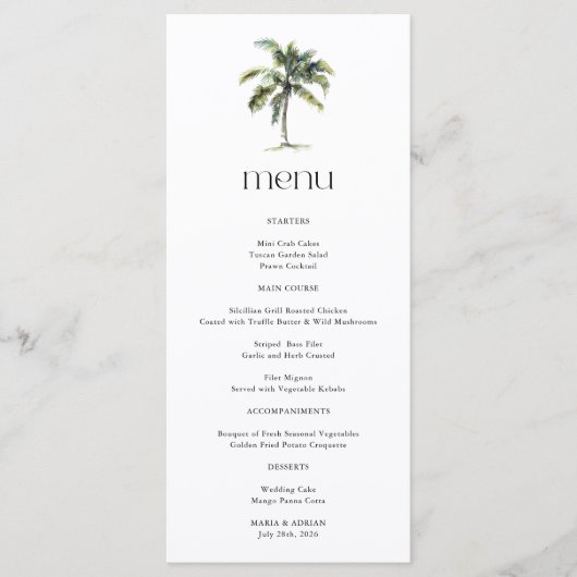 Menu Mariage Tropical Minimal sur la Plage avec un Palm (Devant)