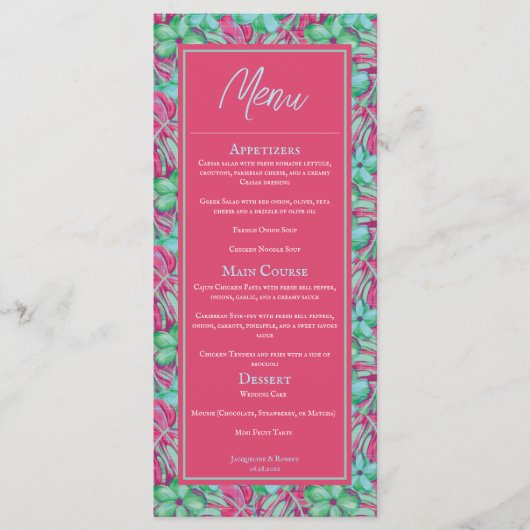 Menu Mariage tropical rose et vert (Devant)