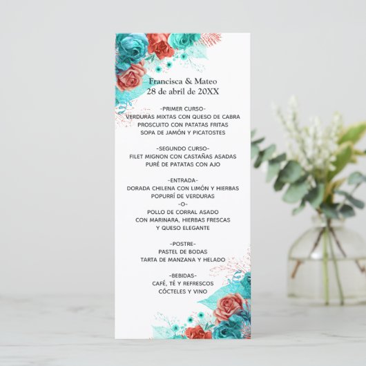 Menu Mariage tropical turquoise et corail (Debout devant)
