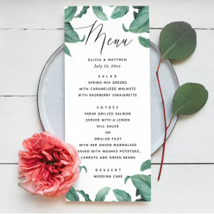 Menu Mariage tropical verdoyant. Aquarelle botanique