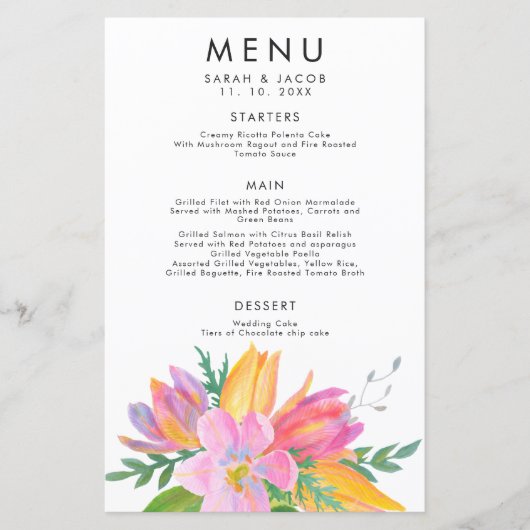Menu Mariage Tulipe rose Aquarelle (Devant)