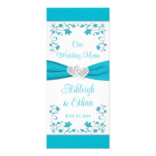 Menu Mariage Turquoise, Argent Love Hearts (Devant)