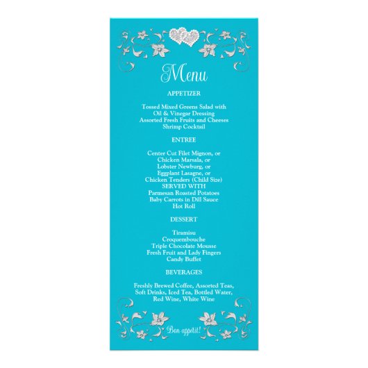 Menu Mariage Turquoise, Argent Love Hearts (Dos)