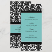 Menu mariage Turquoise Black Damask (Devant / Derrière)