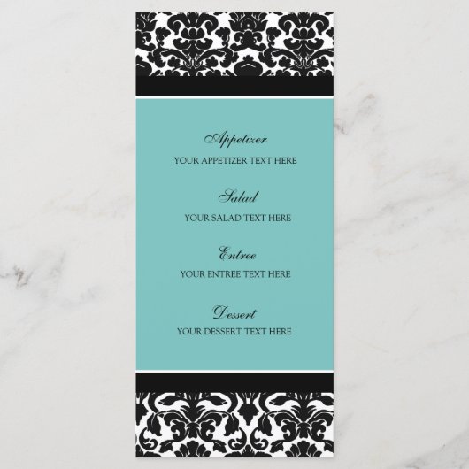 Menu mariage Turquoise Black Damask (Devant)