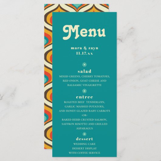 Menu Mariage Turquoise du Boho Chic Retro 70 (Devant / Derrière)
