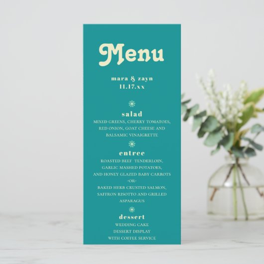 Menu Mariage Turquoise du Boho Chic Retro 70 (Debout devant)