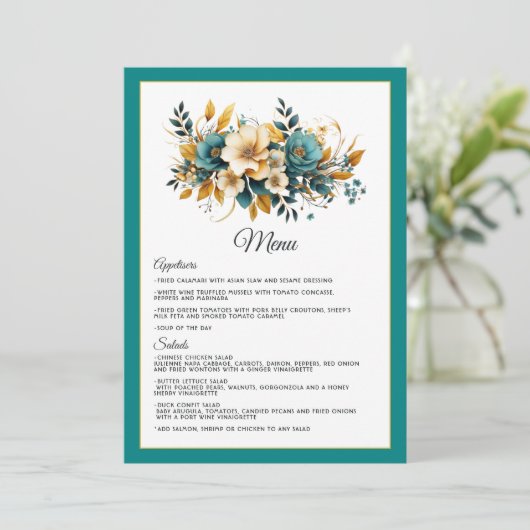 Menu Mariage turquoise et or Floral (Debout devant)