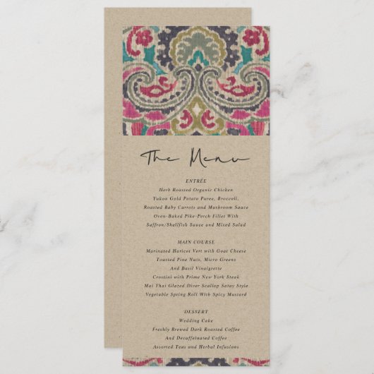 MENU MARIAGE TURQUOISE KRAFT BOHO TRIBAL IKAT PINK (Devant / Derrière)