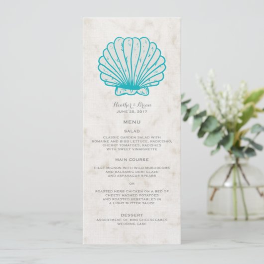 Menu Mariage Turquoise Rustic Seashell (Debout devant)