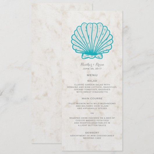 Menu Mariage Turquoise Rustic Seashell (Devant / Derrière)