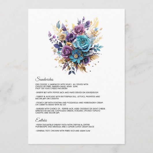 Menu Mariage turquoise, violet et or (Dos)