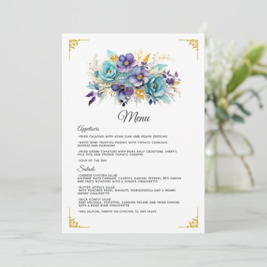 Menu Mariage turquoise, violet et or (Debout devant)