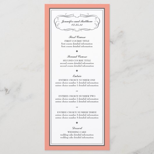 Menu Mariage Tuxedo en corail et gris (Devant)