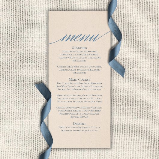Menu Mariage Typographie Script Bleu Poussiéreux