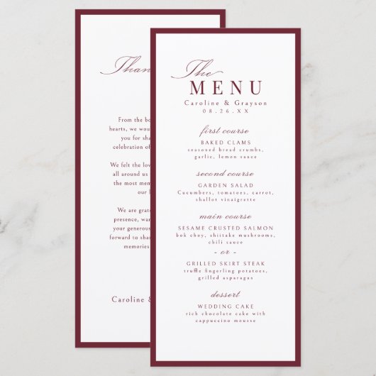 Menu Mariage Typographie Script Élégant Bourgogne (Devant / Derrière)