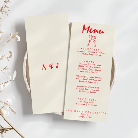 Menu Mariage Unique Dessiné à la Main Rouge Rétro Excen