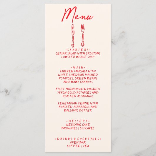 Menu Mariage Unique Rétro Rouge Écrit à la Main (Devant)