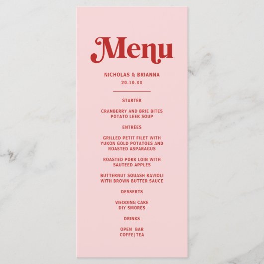 Menu Mariage Valentin rouge et rose (Devant)