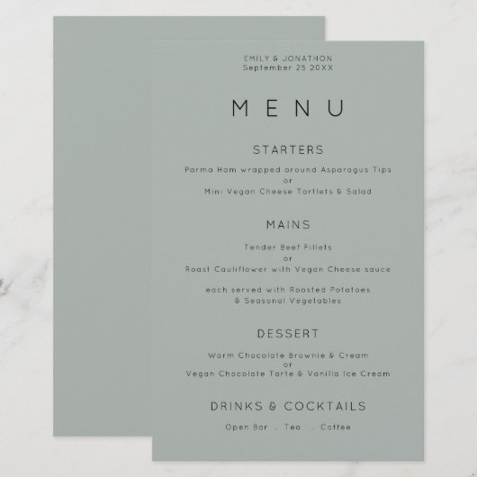 Menu Mariage vert à soie simple budget (Devant / Derrière)