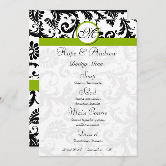 Menu Mariage vert Black Damask Swirl Apple (Devant / Derrière)