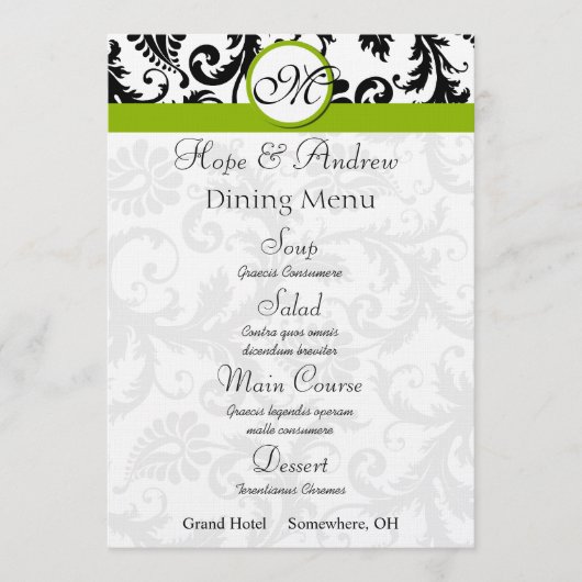 Menu Mariage vert Black Damask Swirl Apple (Devant)