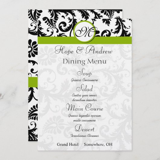 Menu Mariage vert Black Damask Swirl Apple (Devant / Derrière)