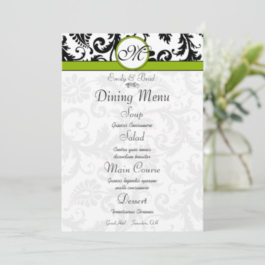 Menu Mariage vert Black Damask Swirl Apple (Debout devant)