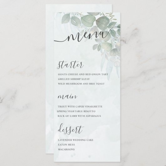 Menu Mariage vert de feuillage Eucalyptus rustique (Devant / Derrière)