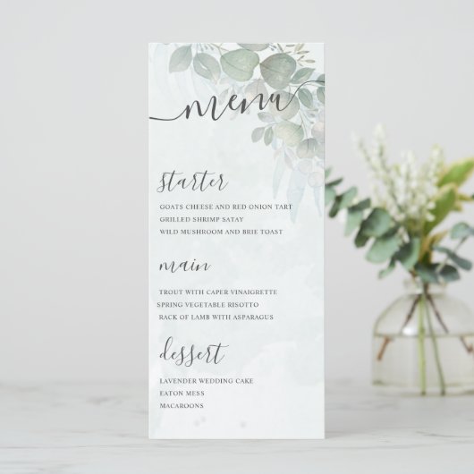Menu Mariage vert de feuillage Eucalyptus rustique (Debout devant)