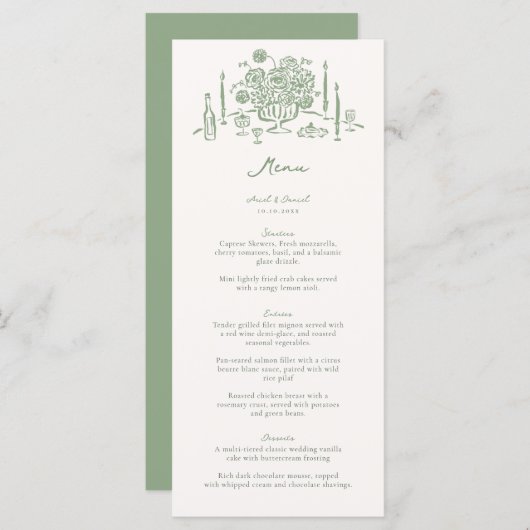 Menu Mariage vert de la table Whimsical dessinée à la m (Devant / Derrière)