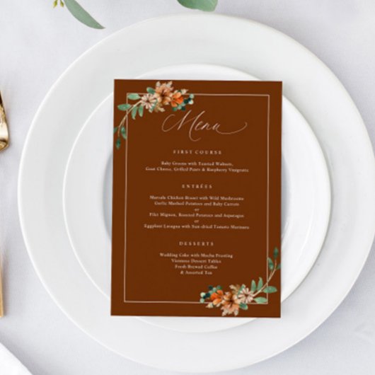 Menu Mariage Vert Émeraude et Rouille Orange Brûlé