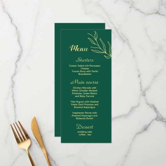 Menu Mariage vert émeraude fleur d'or romantique (Devant/Arrière en situation)