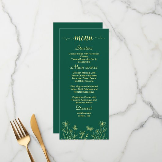 Menu Mariage vert émeraude fleur d'or romantique (Devant/Arrière en situation)