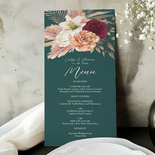 Menu Mariage Vert Émeraude Rustique