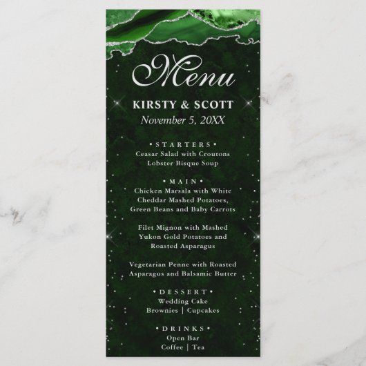 Menu Mariage Vert et Argent Faux Paillettes d'Agate (Devant)