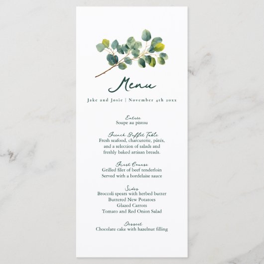 Menu mariage vert et blanc de branche Eucalyptus (Devant)