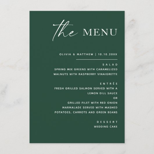 Menu Mariage Vert foncé de la forêt | Écriture moderne (Devant)