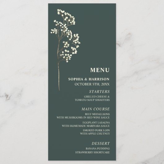 Menu Mariage vert Gypsophila Peacock (Devant)