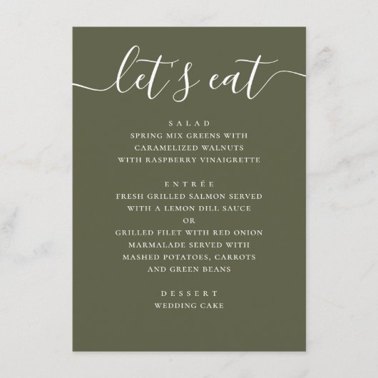 Menu Mariage Vert Olive Assourdi. Réception Moderne de  (Devant)