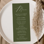 Menu Mariage vert olive élégant moderne<br><div class="desc">Menu de mariage simple et élégant avec "Menu" affiché dans un script blanc moderne avec un arrière - plan vert olive ou couleur de votre choix. Personnalisez le menu mariage vert olive en y ajoutant vos noms, votre date de mariage et vos informations sur le menu. Conçu pour coordonner avec...</div>